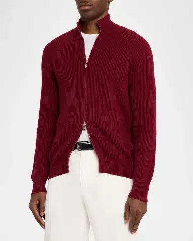 Brunello Cucinelli Men's Cotton Rib Full-Zip Cardigan | Thumbnail 4 Brunello Cucinelli Men's Cotton Rib Full-Zip Cardigan | Thumbnail 4