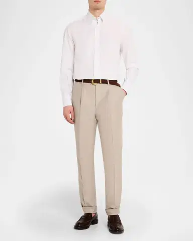 Brunello Cucinelli Men's Cotton and Linen Leisure-Fit Pleated Trousers | Thumbnail 2 Brunello Cucinelli Men's Cotton and Linen Leisure-Fit Pleated Trousers | Thumbnail 2