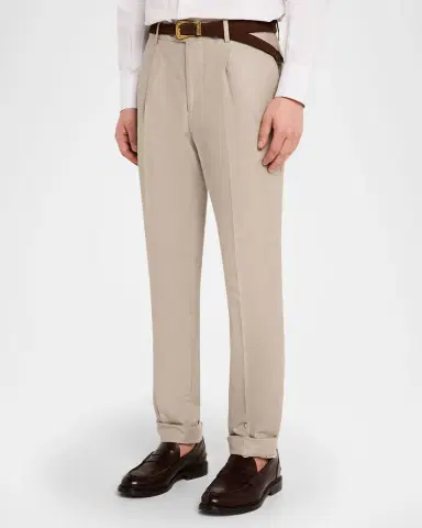 Brunello Cucinelli Men's Cotton and Linen Leisure-Fit Pleated Trousers | Thumbnail 4 Brunello Cucinelli Men's Cotton and Linen Leisure-Fit Pleated Trousers | Thumbnail 4