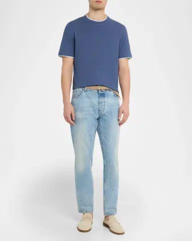 Brunello Cucinelli en's Cotton Jersey Crewneck T-Shirt with Tipping | Thumbnail 2 Brunello Cucinelli en's Cotton Jersey Crewneck T-Shirt with Tipping | Thumbnail 2