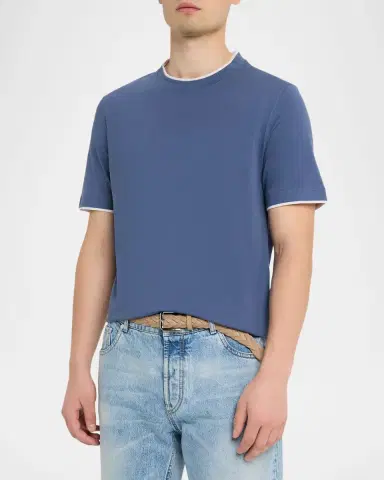 Brunello Cucinelli en's Cotton Jersey Crewneck T-Shirt with Tipping | Thumbnail 4 Brunello Cucinelli en's Cotton Jersey Crewneck T-Shirt with Tipping | Thumbnail 4