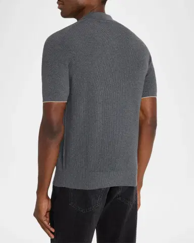 Brunello Cucinelli Men's Cotton Rib Johnny Collar Polo Sweater | Thumbnail 3 Brunello Cucinelli Men's Cotton Rib Johnny Collar Polo Sweater | Thumbnail 3