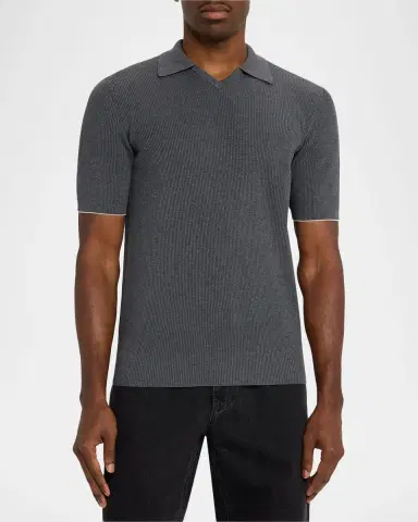 Brunello Cucinelli Men's Cotton Rib Johnny Collar Polo Sweater | Thumbnail 4 Brunello Cucinelli Men's Cotton Rib Johnny Collar Polo Sweater | Thumbnail 4