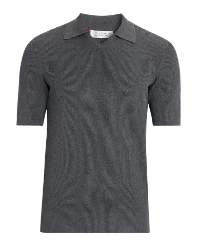 Brunello Cucinelli Men's Cotton Rib Johnny Collar Polo Sweater | Thumbnail 1 Brunello Cucinelli Men's Cotton Rib Johnny Collar Polo Sweater | Thumbnail 1