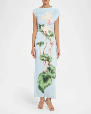 Oscar de la Renta Chinese Cyclamen-Print Draped Jersey Maxi Dress | Thumbnail 2 Oscar de la Renta Chinese Cyclamen-Print Draped Jersey Maxi Dress | Thumbnail 2
