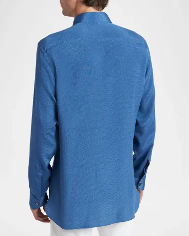 TOM FORD Men's Silk Jacquard Micro-Dot Concealed-Placket Sport Shirt | Thumbnail 3 TOM FORD Men's Silk Jacquard Micro-Dot Concealed-Placket Sport Shirt | Thumbnail 3