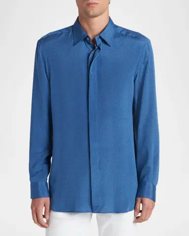 TOM FORD Men's Silk Jacquard Micro-Dot Concealed-Placket Sport Shirt | Thumbnail 4 TOM FORD Men's Silk Jacquard Micro-Dot Concealed-Placket Sport Shirt | Thumbnail 4