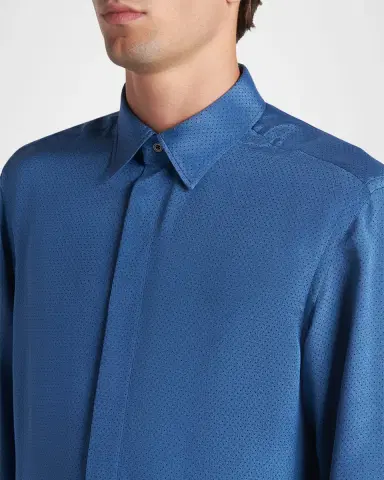 TOM FORD Men's Silk Jacquard Micro-Dot Concealed-Placket Sport Shirt | Thumbnail 5 TOM FORD Men's Silk Jacquard Micro-Dot Concealed-Placket Sport Shirt | Thumbnail 5