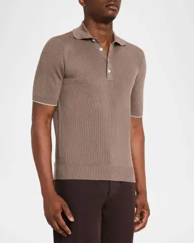Brunello Cucinelli Men's Cotton Rib Polo Sweater | Thumbnail 4 Brunello Cucinelli Men's Cotton Rib Polo Sweater | Thumbnail 4