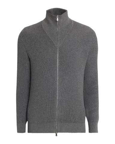 Brunello Cucinelli Men 's Cotton Rib High-Neck Zip Cardigan | Thumbnail 1 Brunello Cucinelli Men 's Cotton Rib High-Neck Zip Cardigan | Thumbnail 1
