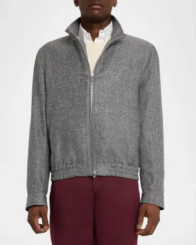 Brunello Cucinelli Men's Silk, Linen and Wool Hopsack Stand Collar Jacket | Thumbnail 4 Brunello Cucinelli Men's Silk, Linen and Wool Hopsack Stand Collar Jacket | Thumbnail 4