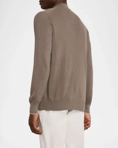 Brunello Cucinelli Men's Cotton Rib Baseball Collar Zip Cardigan | Thumbnail 3 Brunello Cucinelli Men's Cotton Rib Baseball Collar Zip Cardigan | Thumbnail 3