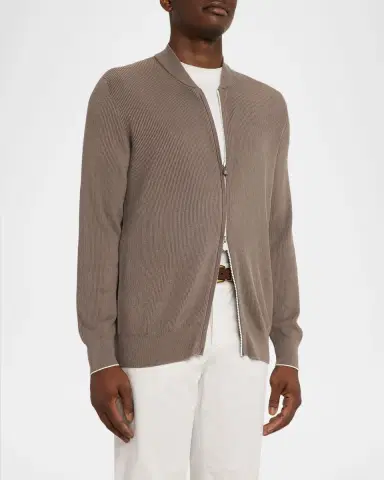 Brunello Cucinelli Men's Cotton Rib Baseball Collar Zip Cardigan | Thumbnail 4 Brunello Cucinelli Men's Cotton Rib Baseball Collar Zip Cardigan | Thumbnail 4