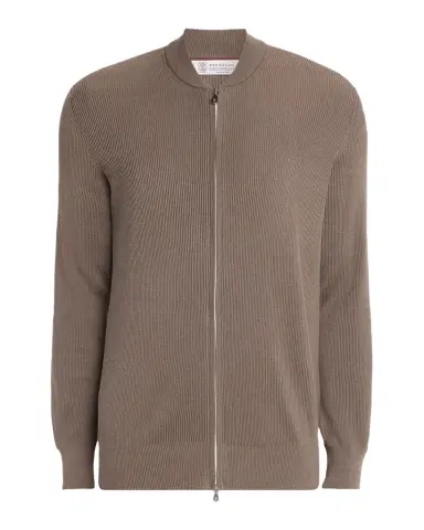 Brunello Cucinelli Men's Cotton Rib Baseball Collar Zip Cardigan | Thumbnail 1 Brunello Cucinelli Men's Cotton Rib Baseball Collar Zip Cardigan | Thumbnail 1