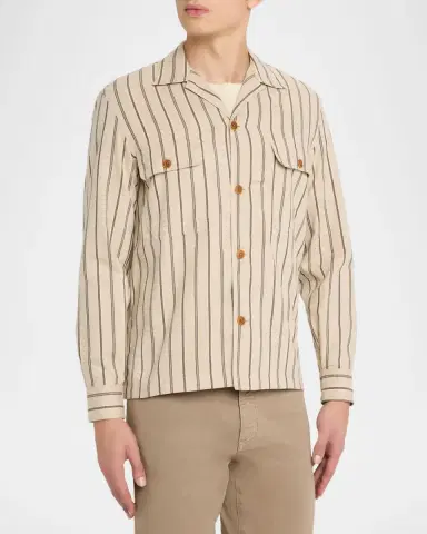 Salvatore Piccolo Men's Cotton Multi-Stripe Dual-Pocket Overshirt | Thumbnail 4 Salvatore Piccolo Men's Cotton Multi-Stripe Dual-Pocket Overshirt | Thumbnail 4