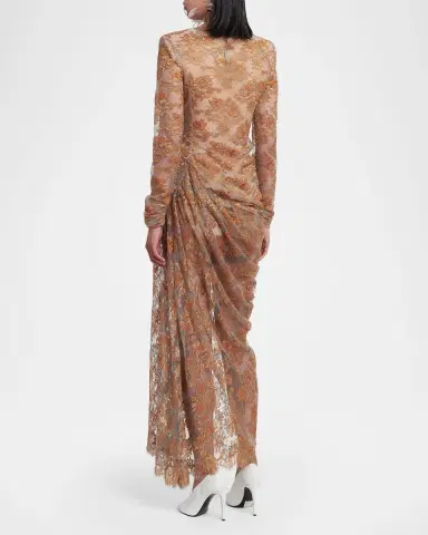 Valentino Garavani Feather-Trim Draped Lace Long-Sleeve Maxi Dress | Thumbnail 3 Valentino Garavani Feather-Trim Draped Lace Long-Sleeve Maxi Dress | Thumbnail 3
