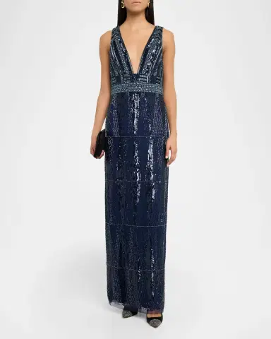Aidan Mattox Beaded Deep V-Neck Column Gown | Thumbnail 2 Aidan Mattox Beaded Deep V-Neck Column Gown | Thumbnail 2