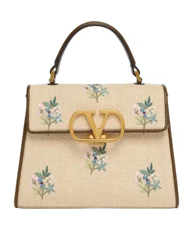 Valentino Garavani Small Floral-Embroidered Woven Flax Top-Handle Bag | Thumbnail 1 Valentino Garavani Small Floral-Embroidered Woven Flax Top-Handle Bag | Thumbnail 1