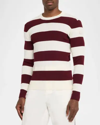 Moncler Men's Wide-tripe Wool Ribbed Crewneck Sweater | Thumbnail 4 Moncler Men's Wide-tripe Wool Ribbed Crewneck Sweater | Thumbnail 4
