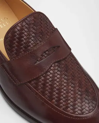 Brunello Cucinelli Men's Woven Vamp Leather Penny Loafers | Thumbnail 3 Brunello Cucinelli Men's Woven Vamp Leather Penny Loafers | Thumbnail 3