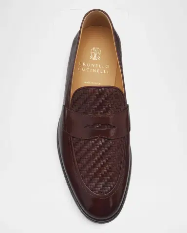 Brunello Cucinelli Men's Woven Vamp Leather Penny Loafers | Thumbnail 4 Brunello Cucinelli Men's Woven Vamp Leather Penny Loafers | Thumbnail 4