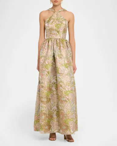 Aidan Mattox Draped Floral Jacquard Halter Gown | Thumbnail 2 Aidan Mattox Draped Floral Jacquard Halter Gown | Thumbnail 2