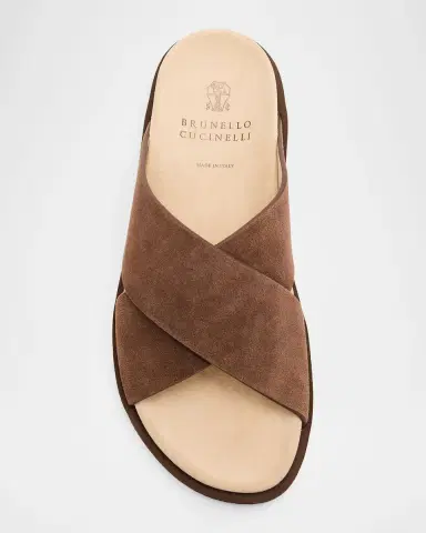 Brunello Cucinelli Men's Cross-Strap Suede Slides | Thumbnail 4 Brunello Cucinelli Men's Cross-Strap Suede Slides | Thumbnail 4