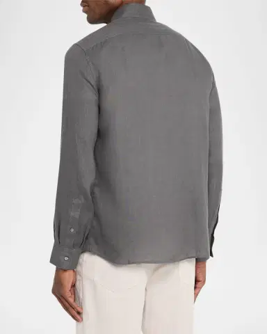 Brunello Cucinelli Men's Linen and Cotton Band Collar Button-Down Shirt | Thumbnail 3 Brunello Cucinelli Men's Linen and Cotton Band Collar Button-Down Shirt | Thumbnail 3