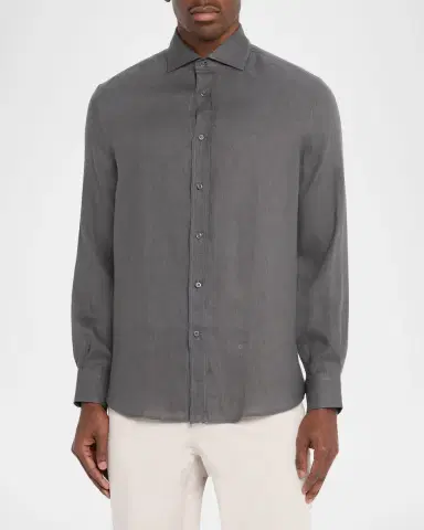 Brunello Cucinelli Men's Linen and Cotton Band Collar Button-Down Shirt | Thumbnail 4 Brunello Cucinelli Men's Linen and Cotton Band Collar Button-Down Shirt | Thumbnail 4