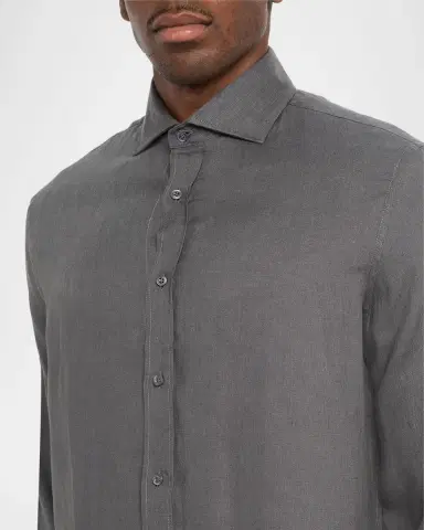 Brunello Cucinelli Men's Linen and Cotton Band Collar Button-Down Shirt | Thumbnail 5 Brunello Cucinelli Men's Linen and Cotton Band Collar Button-Down Shirt | Thumbnail 5