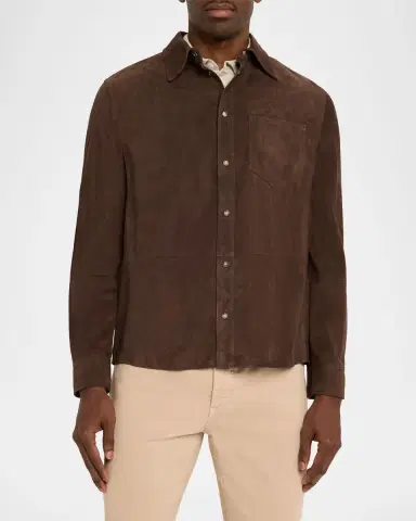 Brunello Cucinelli Men's Leather Snap-Front Shirt with Pocket | Thumbnail 4 Brunello Cucinelli Men's Leather Snap-Front Shirt with Pocket | Thumbnail 4