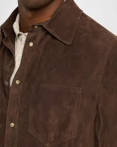 Brunello Cucinelli Men's Leather Snap-Front Shirt with Pocket | Thumbnail 5 Brunello Cucinelli Men's Leather Snap-Front Shirt with Pocket | Thumbnail 5