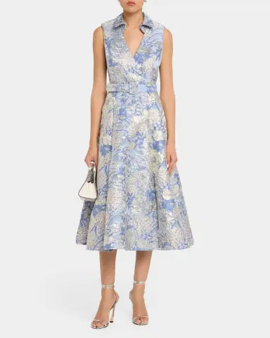 Aidan Mattox Belted Metallic Floral Jacquard Midi Dress | Thumbnail 2 Aidan Mattox Belted Metallic Floral Jacquard Midi Dress | Thumbnail 2