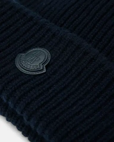 Moncler Men's Cashmere Rib Leather-Logo Beanie Hat | Thumbnail 2 Moncler Men's Cashmere Rib Leather-Logo Beanie Hat | Thumbnail 2