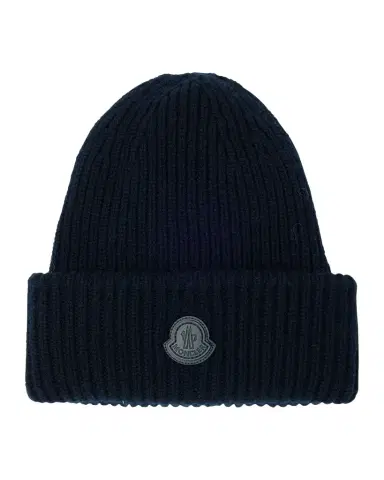 Moncler Men's Cashmere Rib Leather-Logo Beanie Hat | Thumbnail 1 Moncler Men's Cashmere Rib Leather-Logo Beanie Hat | Thumbnail 1