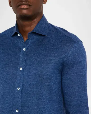 Brunello Cucinelli Men's Linen and Cotton Heathered Sport Shirt | Thumbnail 5 Brunello Cucinelli Men's Linen and Cotton Heathered Sport Shirt | Thumbnail 5