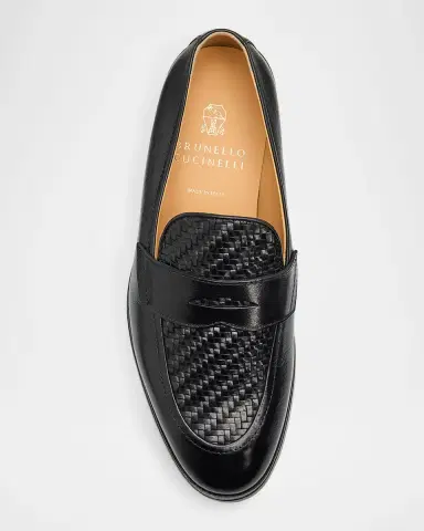 Brunello Cucinelli Men's Woven Vamp Leather Penny Loafers | Thumbnail 4 Brunello Cucinelli Men's Woven Vamp Leather Penny Loafers | Thumbnail 4