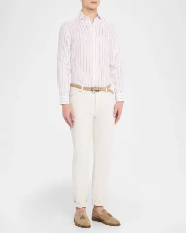 Brunello Cucinelli Men's Linen Pinstripe Spread Collar Button-Down Shirt | Thumbnail 2 Brunello Cucinelli Men's Linen Pinstripe Spread Collar Button-Down Shirt | Thumbnail 2