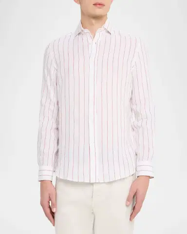 Brunello Cucinelli Men's Linen Pinstripe Spread Collar Button-Down Shirt | Thumbnail 4 Brunello Cucinelli Men's Linen Pinstripe Spread Collar Button-Down Shirt | Thumbnail 4