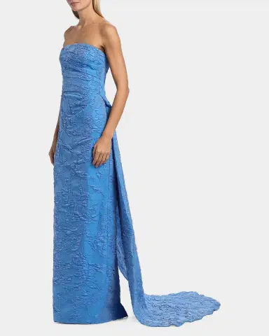 Monique Lhuillier Strapless Draped-Train Bubble Jacquard Column Gown | Thumbnail 7 Monique Lhuillier Strapless Draped-Train Bubble Jacquard Column Gown | Thumbnail 7