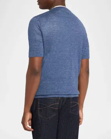 Brunello Cucinelli Men's Linen and Cotton Knit Short-Sleeve Sweater | Thumbnail 3 Brunello Cucinelli Men's Linen and Cotton Knit Short-Sleeve Sweater | Thumbnail 3