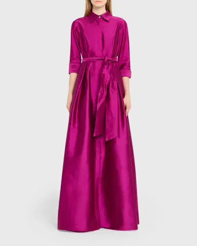 Rickie Freeman for Teri Jon 3/4-Sleeve Taffeta Shirtdress Gown | Thumbnail 2 Rickie Freeman for Teri Jon 3/4-Sleeve Taffeta Shirtdress Gown | Thumbnail 2