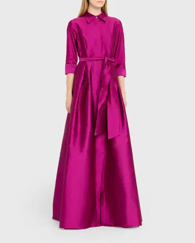 Rickie Freeman for Teri Jon 3/4-Sleeve Taffeta Shirtdress Gown | Thumbnail 4 Rickie Freeman for Teri Jon 3/4-Sleeve Taffeta Shirtdress Gown | Thumbnail 4