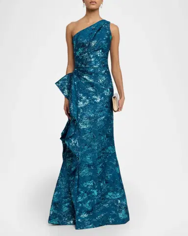 Rickie Freeman for Teri Jon Metallic Jacquard One-Shoulder Side-Ruffle Gown | Thumbnail 2 Rickie Freeman for Teri Jon Metallic Jacquard One-Shoulder Side-Ruffle Gown | Thumbnail 2