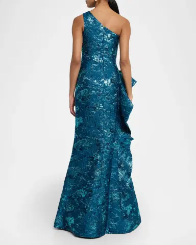 Rickie Freeman for Teri Jon Metallic Jacquard One-Shoulder Side-Ruffle Gown | Thumbnail 3 Rickie Freeman for Teri Jon Metallic Jacquard One-Shoulder Side-Ruffle Gown | Thumbnail 3