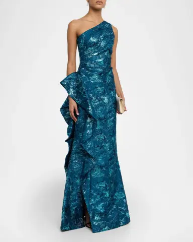 Rickie Freeman for Teri Jon Metallic Jacquard One-Shoulder Side-Ruffle Gown | Thumbnail 4 Rickie Freeman for Teri Jon Metallic Jacquard One-Shoulder Side-Ruffle Gown | Thumbnail 4