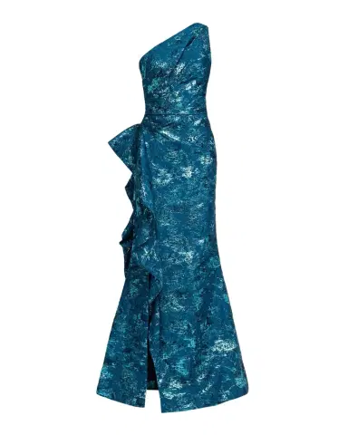 Rickie Freeman for Teri Jon Metallic Jacquard One-Shoulder Side-Ruffle Gown | Thumbnail 1 Rickie Freeman for Teri Jon Metallic Jacquard One-Shoulder Side-Ruffle Gown | Thumbnail 1