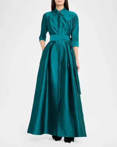 Rickie Freeman for Teri Jon 3/4-Sleeve Taffeta Shirtdress Gown | Thumbnail 2 Rickie Freeman for Teri Jon 3/4-Sleeve Taffeta Shirtdress Gown | Thumbnail 2