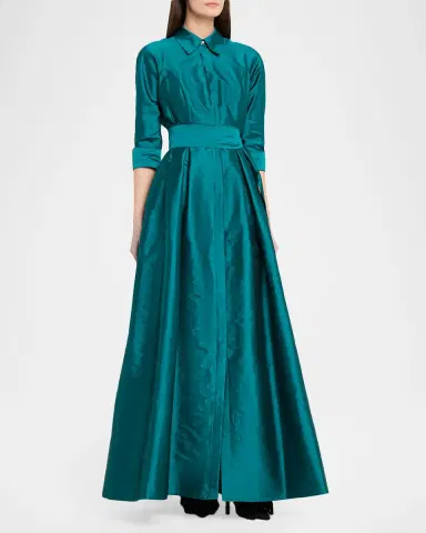 Rickie Freeman for Teri Jon 3/4-Sleeve Taffeta Shirtdress Gown | Thumbnail 4 Rickie Freeman for Teri Jon 3/4-Sleeve Taffeta Shirtdress Gown | Thumbnail 4