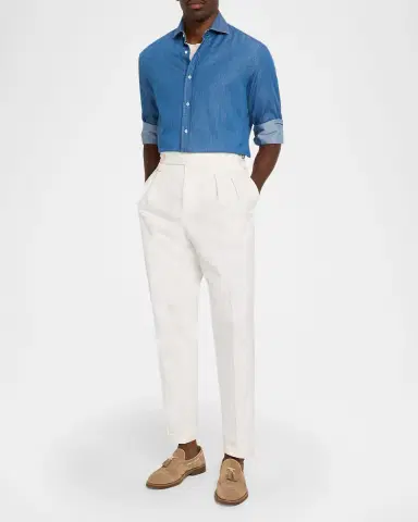 Brunello Cucinelli Men's Cotton Pleated Trousers with Waist Tabs | Thumbnail 2 Brunello Cucinelli Men's Cotton Pleated Trousers with Waist Tabs | Thumbnail 2